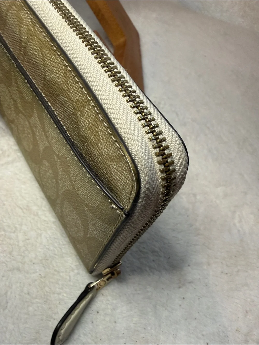 Coach Tan Signature Zip Wallet with Logo Plaque